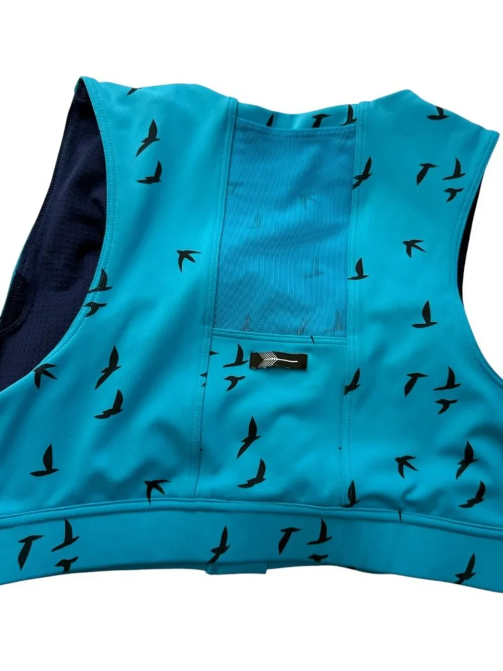 OISELLE Running Sports Bra.  Teal Blue. Bird Print. Size Women's 10 Front Zipper